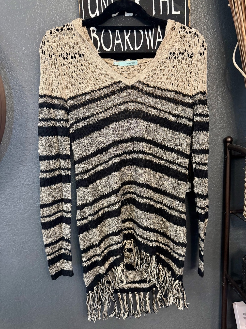 Maurices Striped Fringe Knit Sweater - Black & Tan. Medium! With Hood.